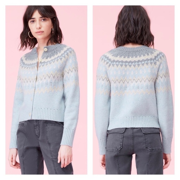 La Vie Rebecca Taylor Blue Fair Isle Wool Blend Cardigan Sweater NWT XL - Picture 6 of 15